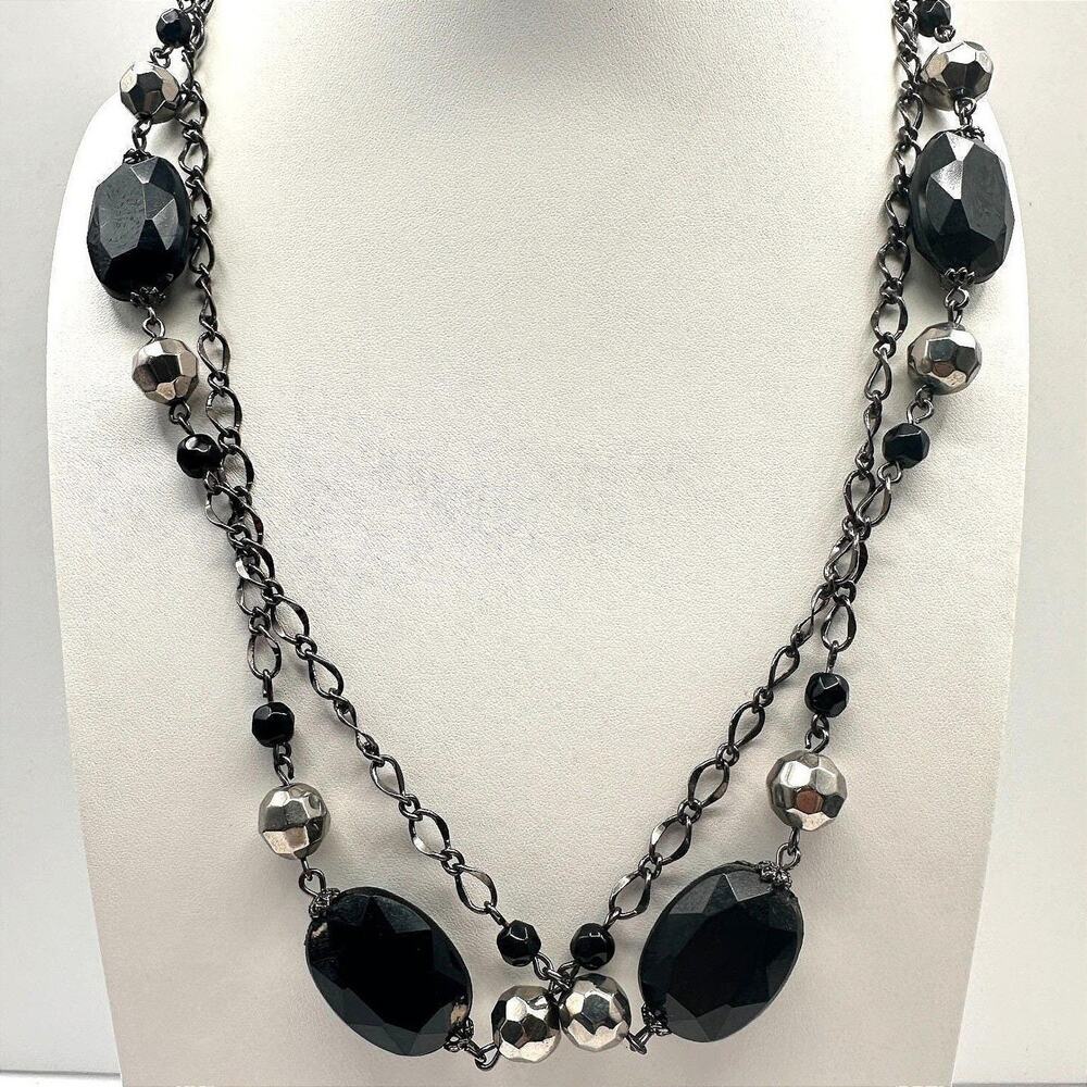 Vintage Y2K Multi Strand Necklace Black Faceted Beaded Silver Tone Boho Jewelry